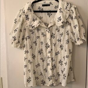 White Puff Sleeve Top with Ruffled Peter Pan Collar